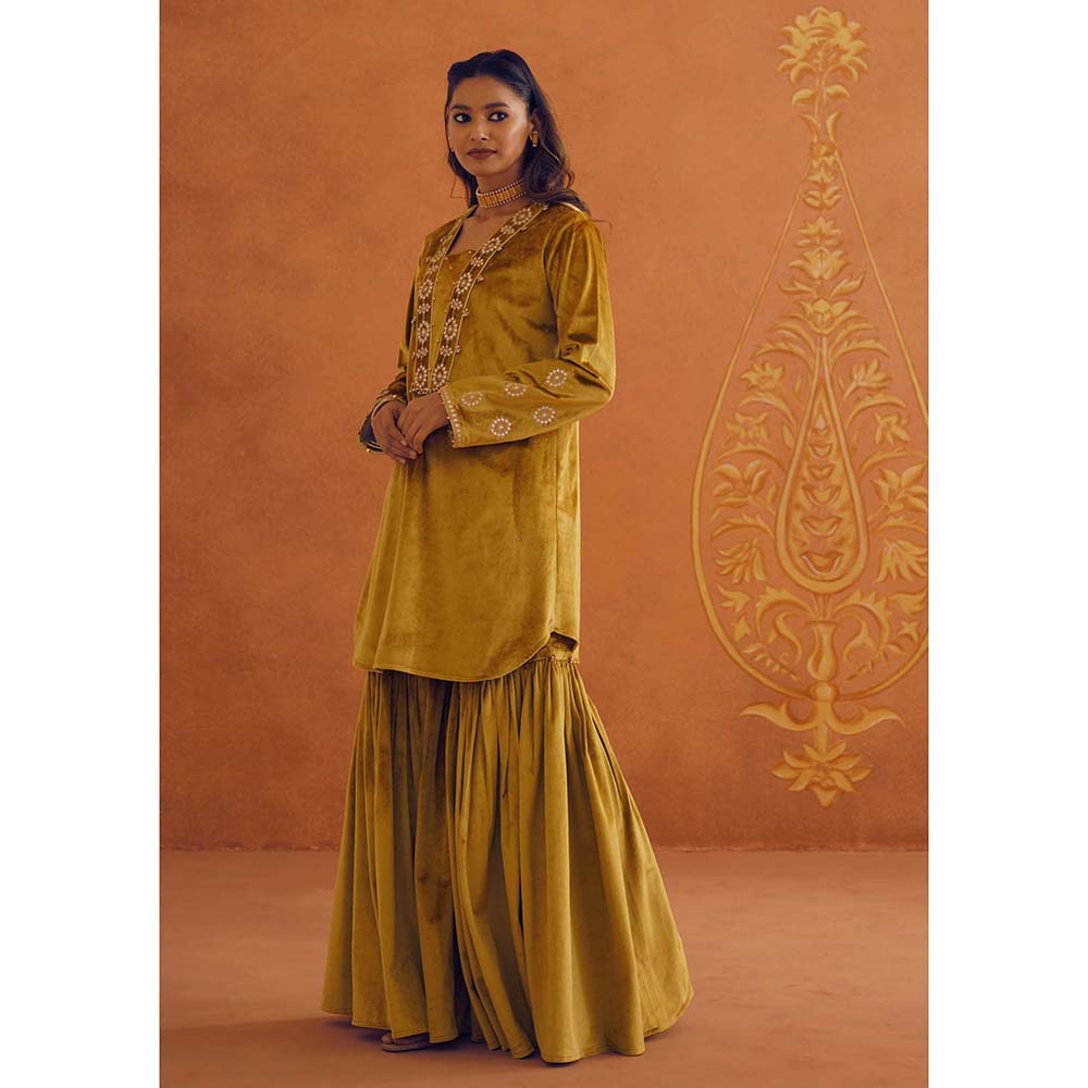 Inej Zeba Mustard Kali Kurta with Sharara and Dupatta (Set of 3)