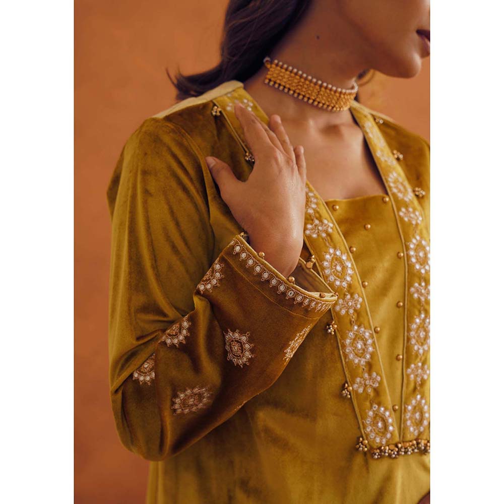 Inej Zeba Mustard Kali Kurta with Sharara and Dupatta (Set of 3)