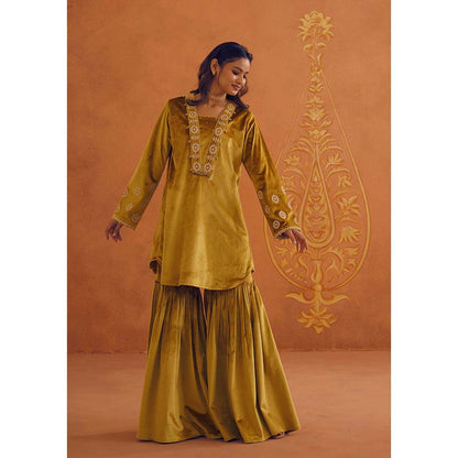 Inej Zeba Mustard Kali Kurta with Sharara and Dupatta (Set of 3)