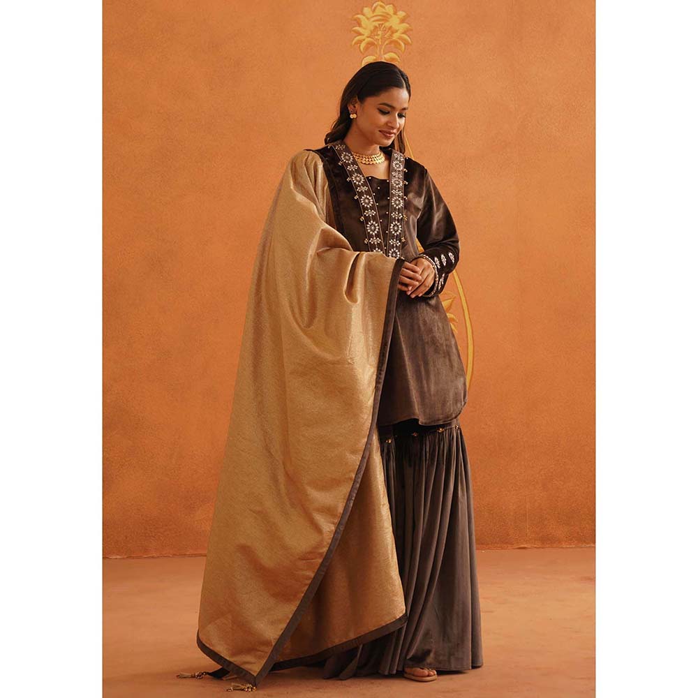 Inej Zec Brown Kali Kurta with Sharara and Dupatta (Set of 3)