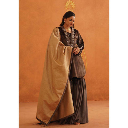 Inej Zec Brown Kali Kurta with Sharara and Dupatta (Set of 3)