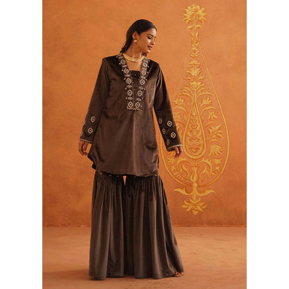 Inej Zec Brown Kali Kurta with Sharara and Dupatta (Set of 3)
