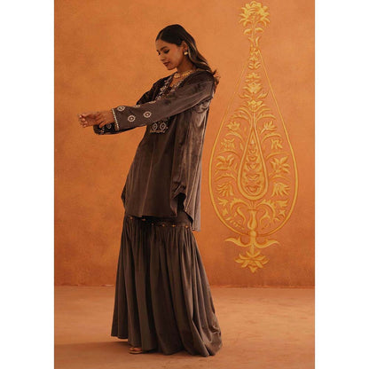 Inej Zec Brown Kali Kurta with Sharara and Dupatta (Set of 3)