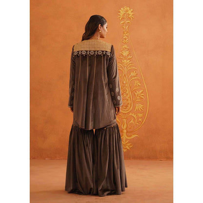 Inej Zec Brown Kali Kurta with Sharara and Dupatta (Set of 3)