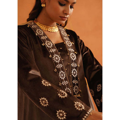 Inej Zec Brown Kali Kurta with Sharara and Dupatta (Set of 3)