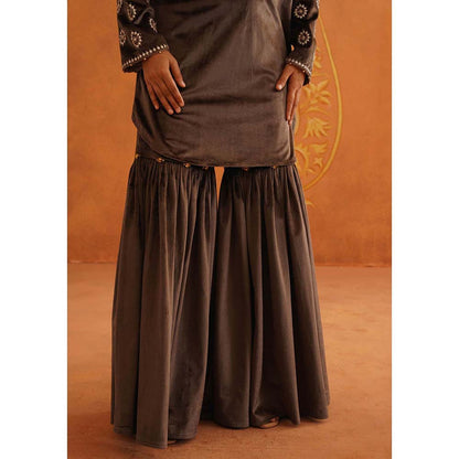 Inej Zec Brown Kali Kurta with Sharara and Dupatta (Set of 3)