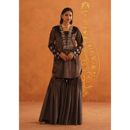 Inej Zec Brown Kali Kurta with Sharara and Dupatta (Set of 3)