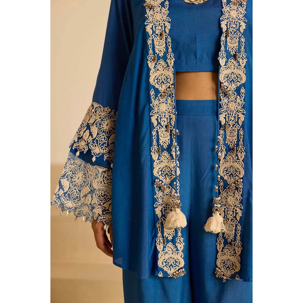 Inej Blue Front Open Bustier with Pant and Jacket (Set of 3)