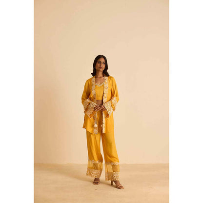 Inej Yellow Front Open Bustier with Pant and Jacket (Set of 3)