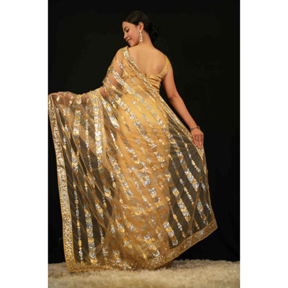Isadora Life Womens Sequined Beige Pre-Draped Saree With Unstitched Blouse