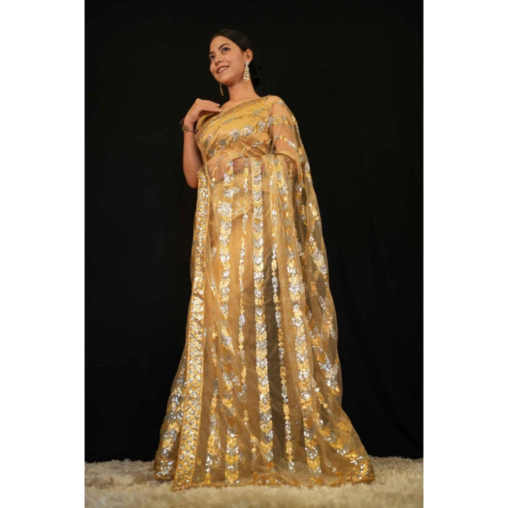 Isadora Life Womens Sequined Beige Pre-Draped Saree With Unstitched Blouse