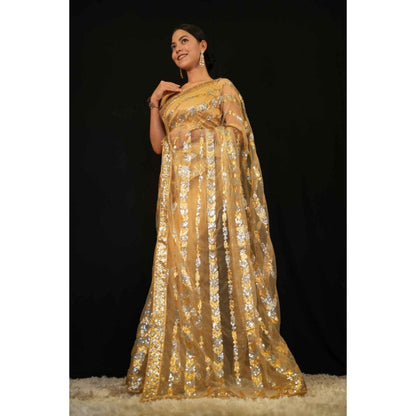 Isadora Life Womens Sequined Beige Pre-Draped Saree With Unstitched Blouse