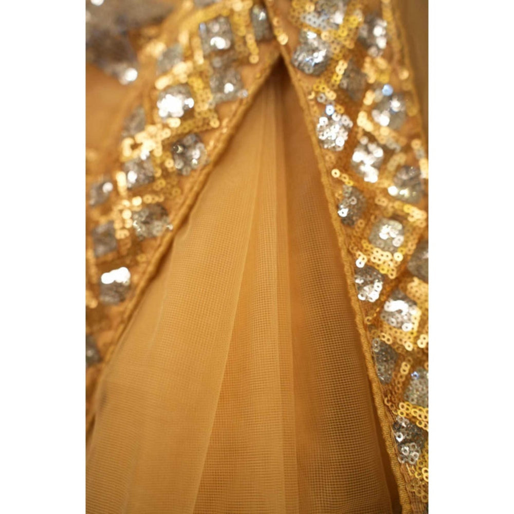 Isadora Life Womens Sequined Beige Pre-Draped Saree With Unstitched Blouse