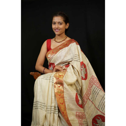 Isadora Life Womens Printed Beige Pre-Draped Saree With Unstitched Blouse