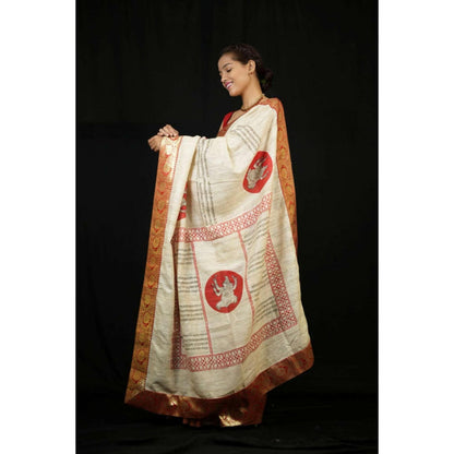 Isadora Life Womens Printed Beige Pre-Draped Saree With Unstitched Blouse