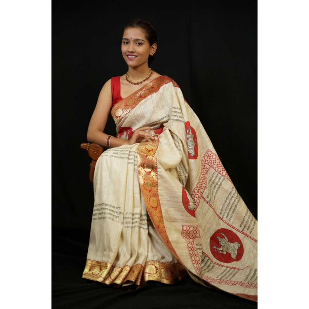 Isadora Life Womens Printed Beige Pre-Draped Saree With Unstitched Blouse