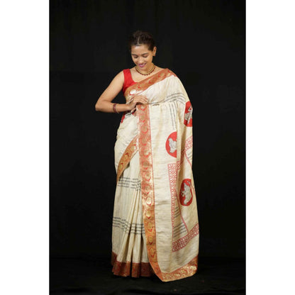 Isadora Life Womens Printed Beige Pre-Draped Saree With Unstitched Blouse