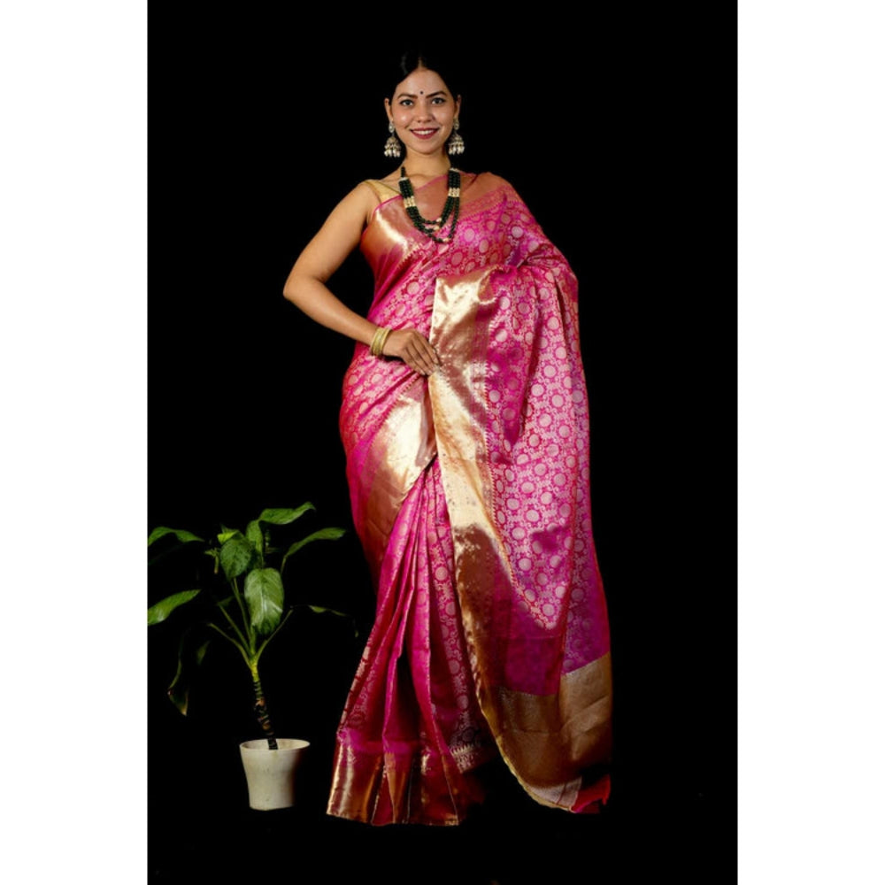 Isadora Life Womens Printed Pink Pre-Draped Saree With Unstitched Blouse