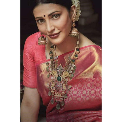 Isadora Life Womens Printed Pink Pre-Draped Saree With Unstitched Blouse