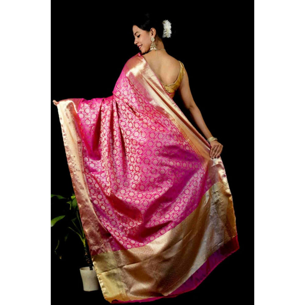 Isadora Life Womens Printed Pink Pre-Draped Saree With Unstitched Blouse