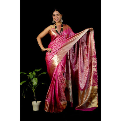 Isadora Life Womens Printed Pink Pre-Draped Saree With Unstitched Blouse
