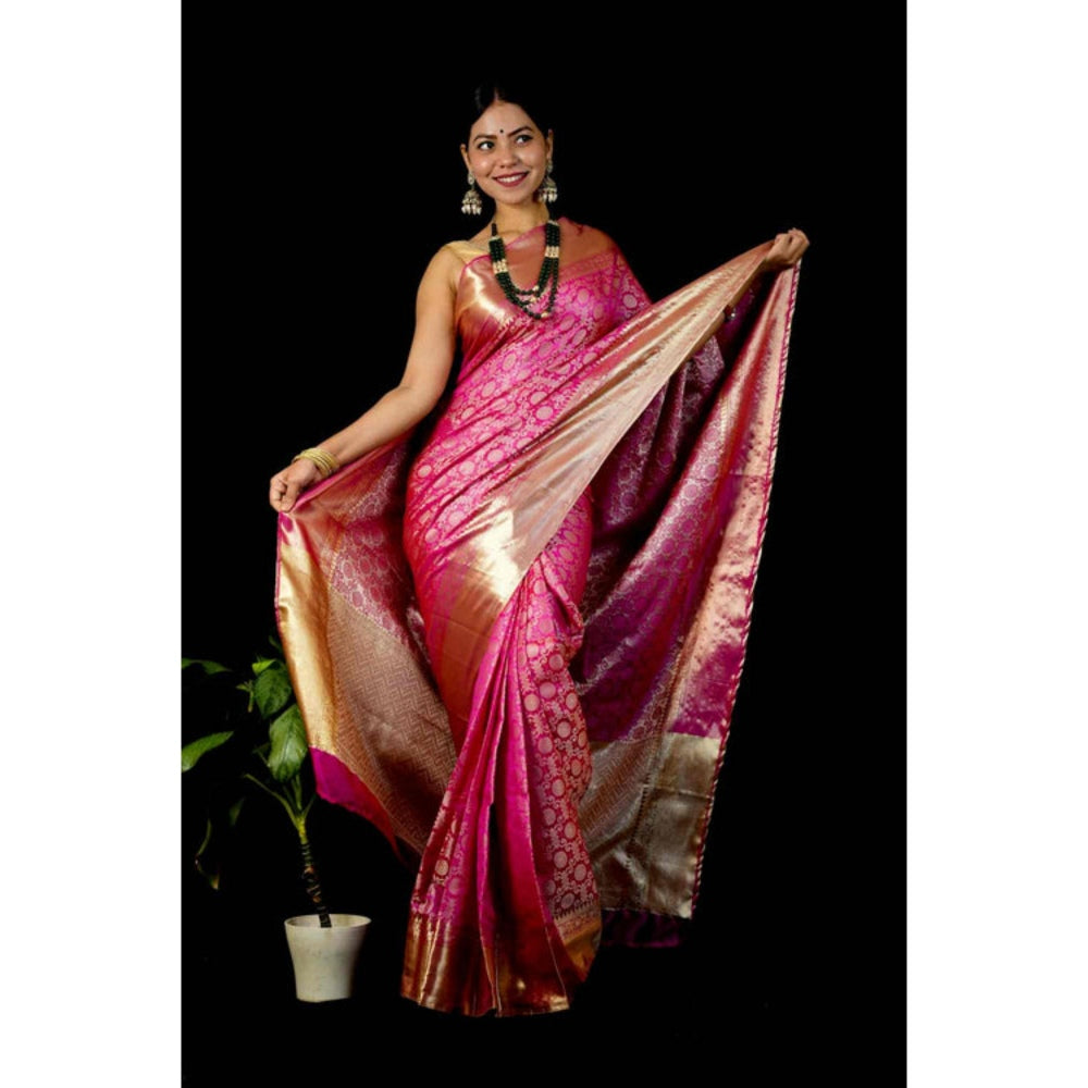 Isadora Life Womens Printed Pink Pre-Draped Saree With Unstitched Blouse