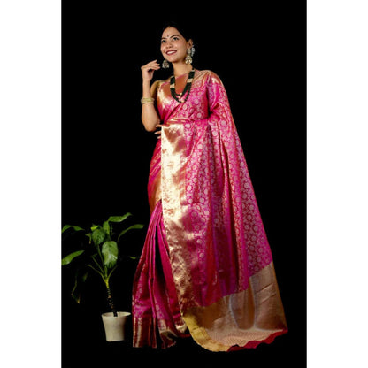 Isadora Life Womens Printed Pink Pre-Draped Saree With Unstitched Blouse