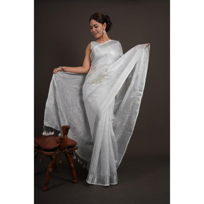 Isadora Life Womens Mirror Work Tassels Grey Pre-Draped Saree With Unstitched Blouse