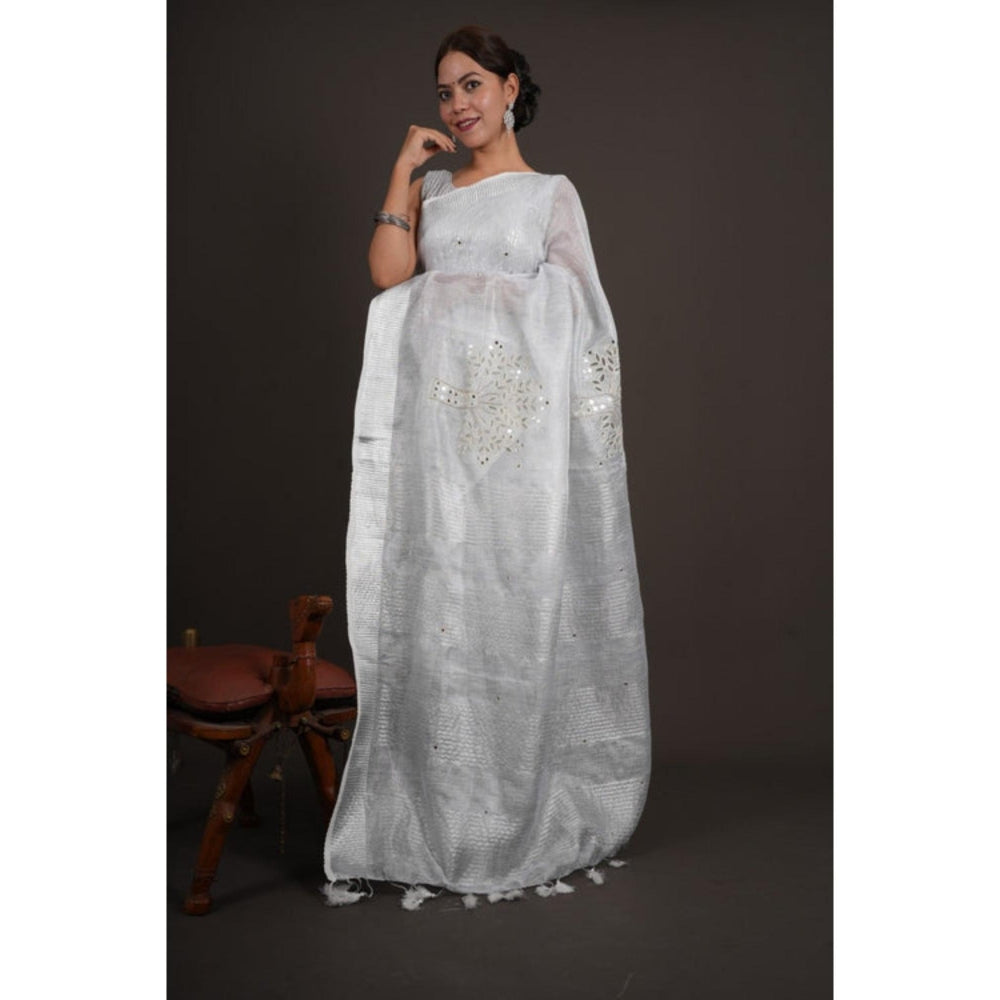 Isadora Life Womens Mirror Work Tassels Grey Pre-Draped Saree With Unstitched Blouse