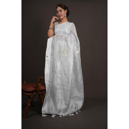 Isadora Life Womens Mirror Work Tassels Grey Pre-Draped Saree With Unstitched Blouse
