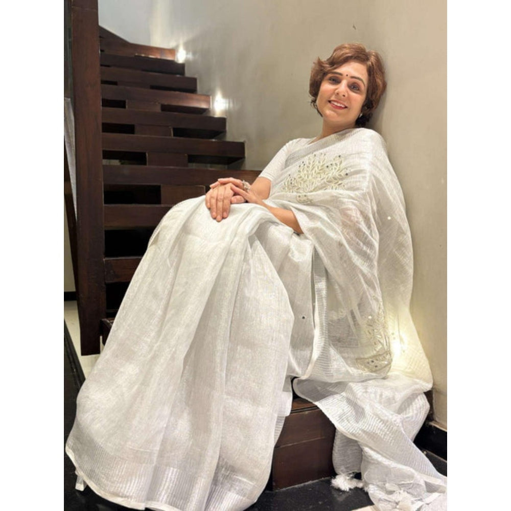 Isadora Life Womens Mirror Work Tassels Grey Pre-Draped Saree With Unstitched Blouse