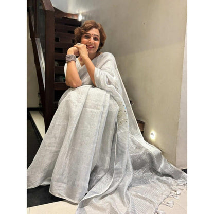 Isadora Life Womens Mirror Work Tassels Grey Pre-Draped Saree With Unstitched Blouse