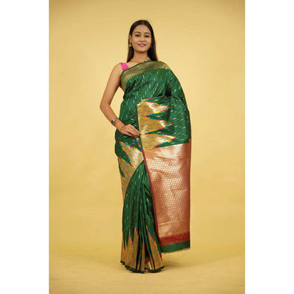 Isadora Life Womens Woven Zari Green Pre-Draped Saree With Unstitched Blouse