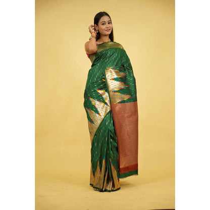 Isadora Life Womens Woven Zari Green Pre-Draped Saree With Unstitched Blouse