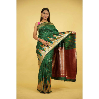 Isadora Life Womens Woven Zari Green Pre-Draped Saree With Unstitched Blouse