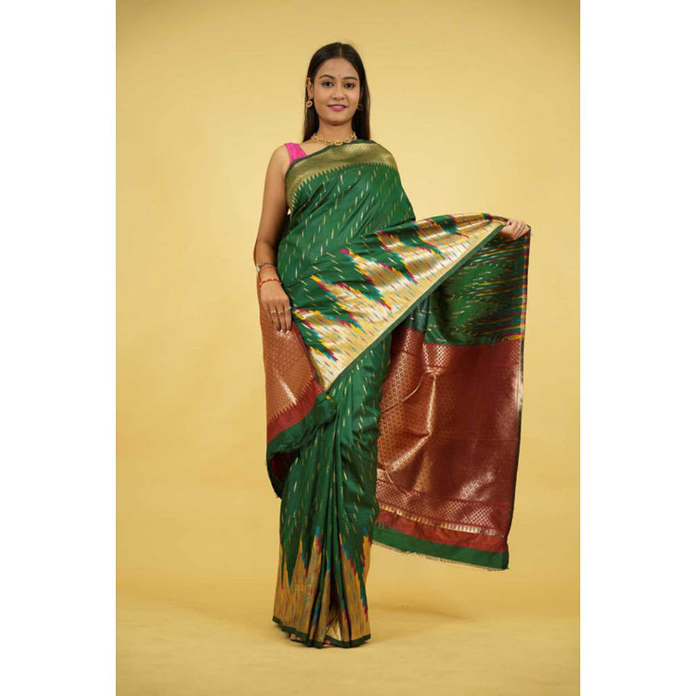 Isadora Life Womens Woven Zari Green Pre-Draped Saree With Unstitched Blouse