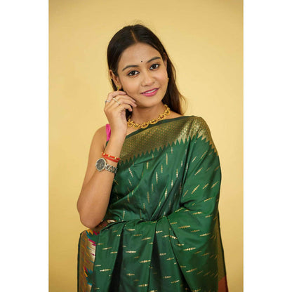 Isadora Life Womens Woven Zari Green Pre-Draped Saree With Unstitched Blouse