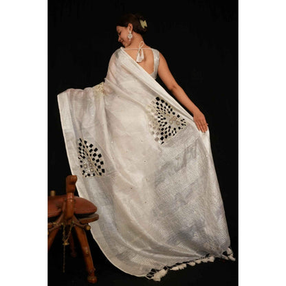 Isadora Life Womens Embroidered Mirror Work White Pre-Draped Saree With Unstitched Blouse