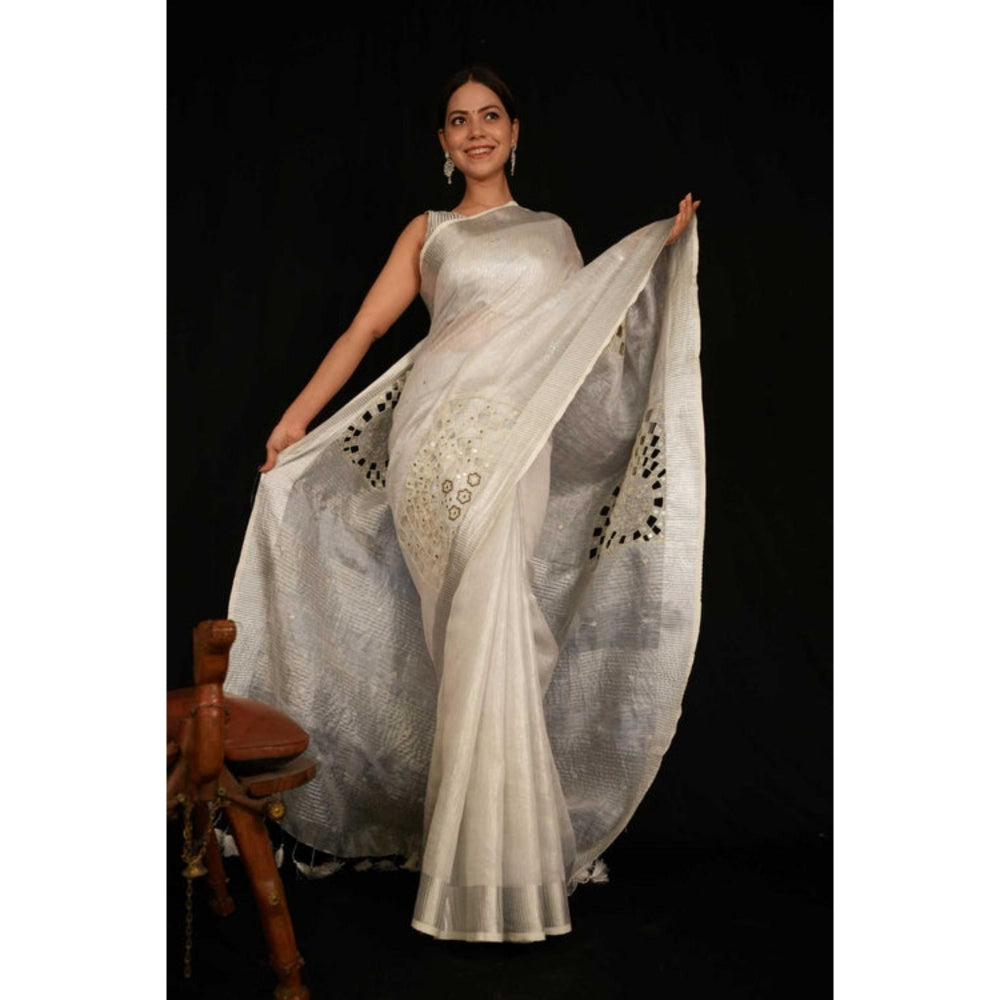 Isadora Life Womens Embroidered Mirror Work White Pre-Draped Saree With Unstitched Blouse