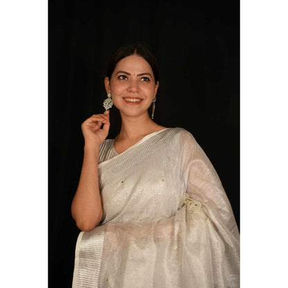 Isadora Life Womens Embroidered Mirror Work White Pre-Draped Saree With Unstitched Blouse