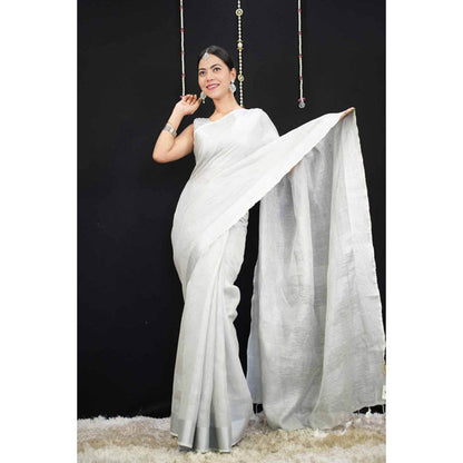 Isadora Life Womens Solid Tassels White Pre-Draped Saree With Unstitched Blouse
