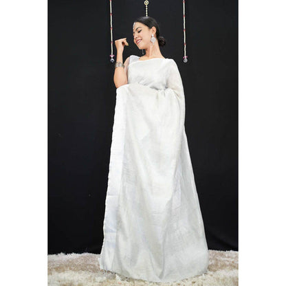 Isadora Life Womens Solid Tassels White Pre-Draped Saree With Unstitched Blouse