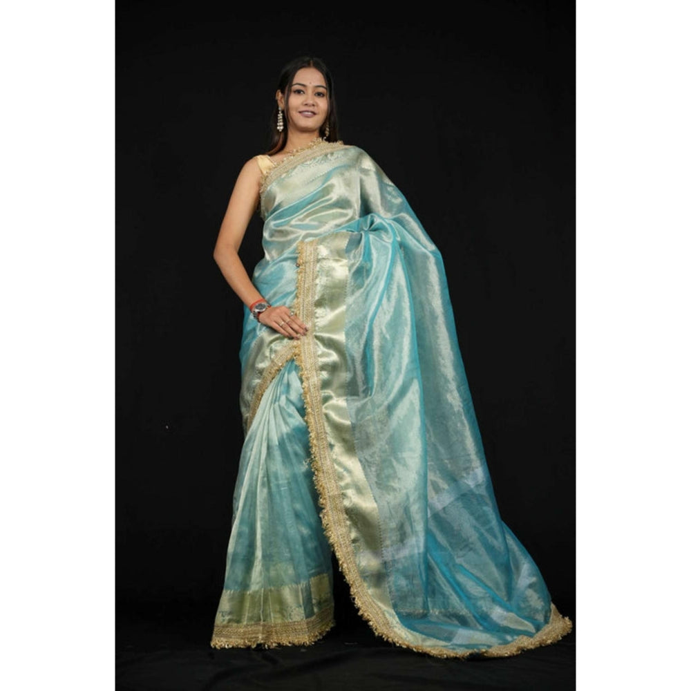 Isadora Life Womens Solid Embroidered Blue Pre-Draped Saree With Unstitched Blouse