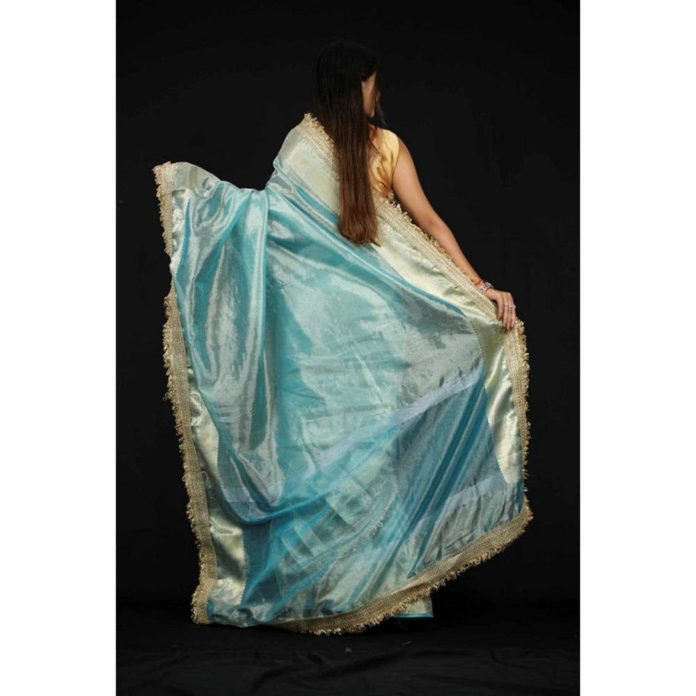 Isadora Life Womens Solid Embroidered Blue Pre-Draped Saree With Unstitched Blouse
