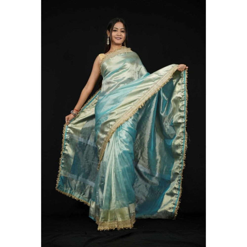 Isadora Life Womens Solid Embroidered Blue Pre-Draped Saree With Unstitched Blouse