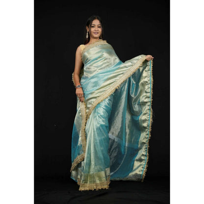 Isadora Life Womens Solid Embroidered Blue Pre-Draped Saree With Unstitched Blouse