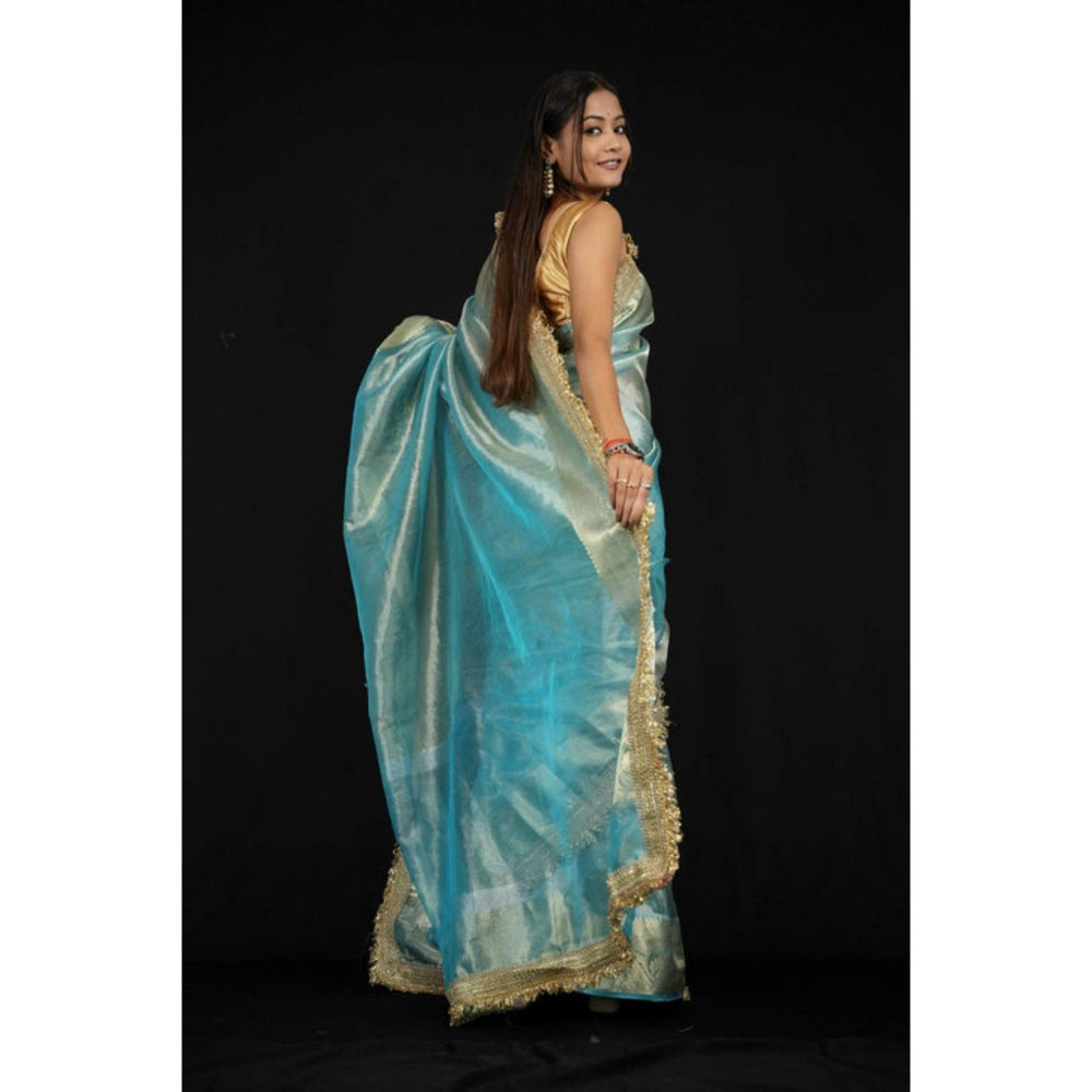 Isadora Life Womens Solid Embroidered Blue Pre-Draped Saree With Unstitched Blouse