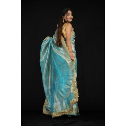 Isadora Life Womens Solid Embroidered Blue Pre-Draped Saree With Unstitched Blouse