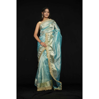 Isadora Life Womens Solid Embroidered Blue Pre-Draped Saree With Unstitched Blouse