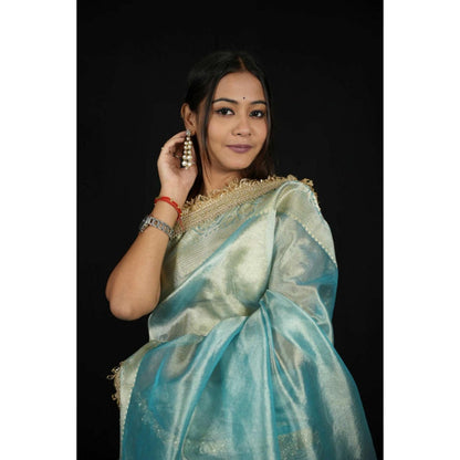 Isadora Life Womens Solid Embroidered Blue Pre-Draped Saree With Unstitched Blouse